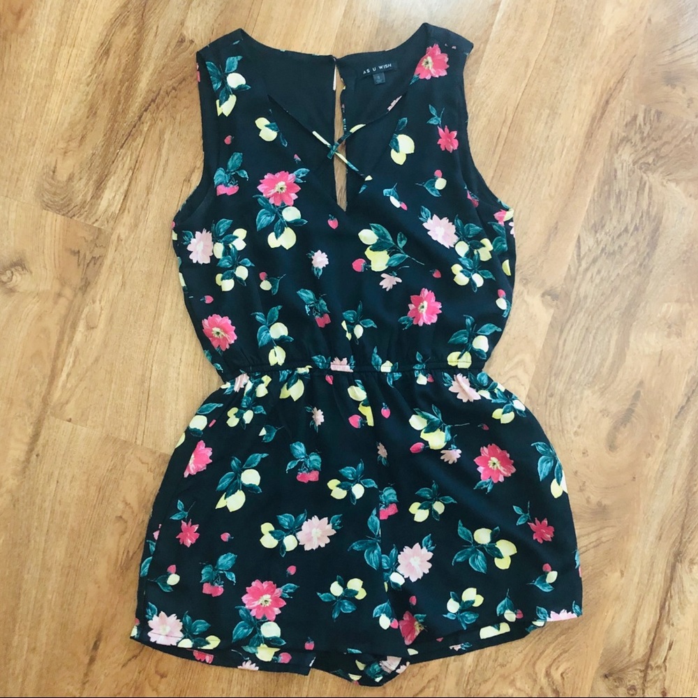 As U Wish Black Floral Romper with Pink & Yellow Flowers